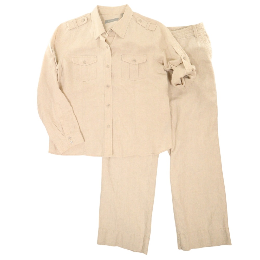 Liz Claiborne Linen Audra Pant Set Roll Sleeve Top Sand Women Petite Large Sz 10